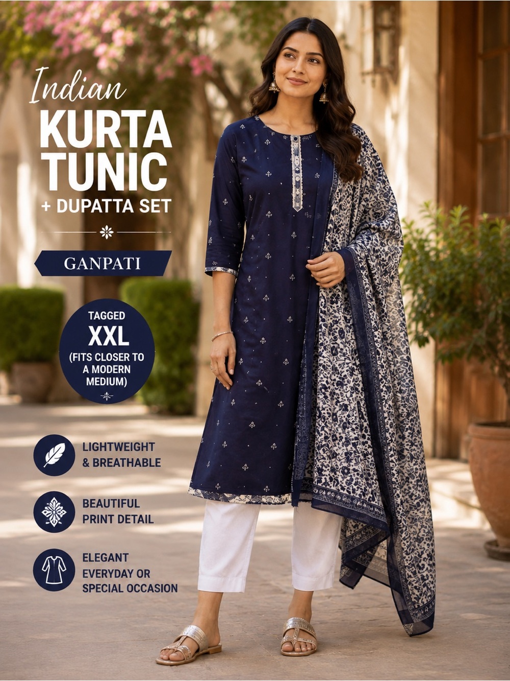 Ganpati Indian Kurta Tunic Dupatta Set XXL Navy Blue Traditional